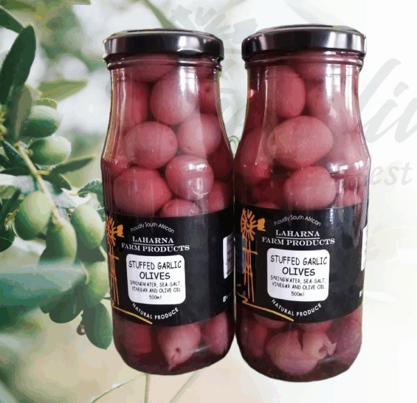 Stuffed Garlic Olives. De-Pitted - 500ml Glass Jar